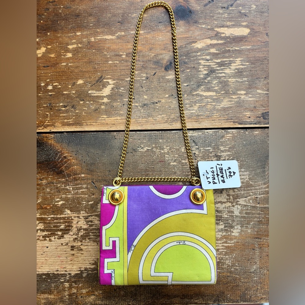 Vintage 70s Emilio Pucci Silk Gold Chain Handbag - Picture 3 of 12
